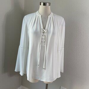 White House Black Market Womens 8 Lace Up Blouse Long Bell Sleeve Shirt Top